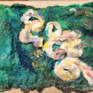 Art hand felted, on 8x10 burlap canvas, with colorful natural wool and silk.